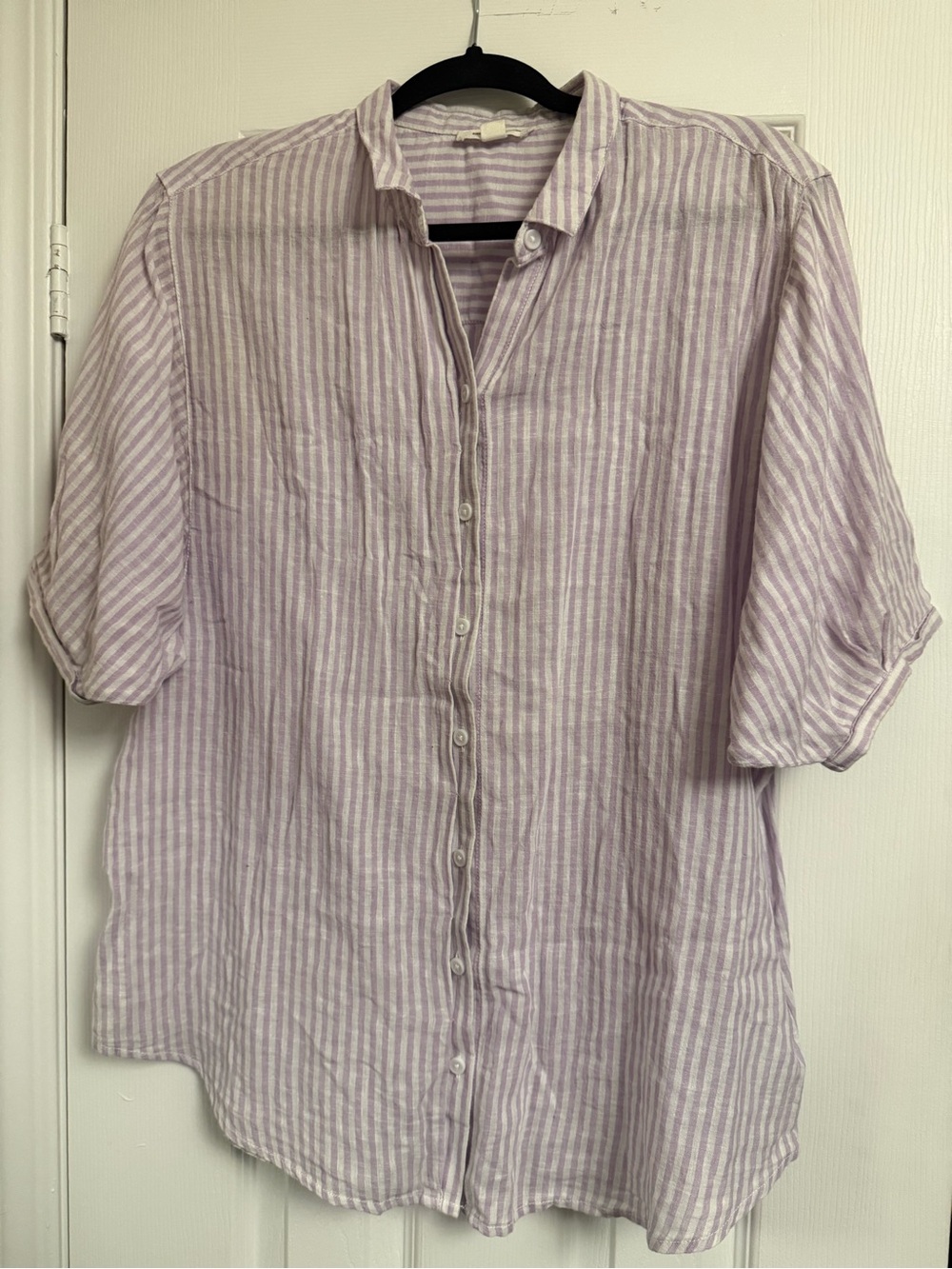 beachlunchlounge Lavender and White Striped Women's Linen Button Down Shirt